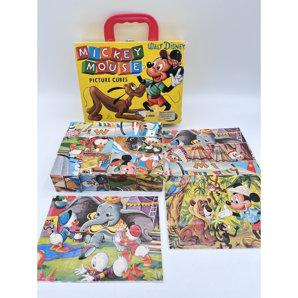 Vintage Mickey Mouse Picture Cubes Puzzle Box‎ Walt Disney Productions Complete